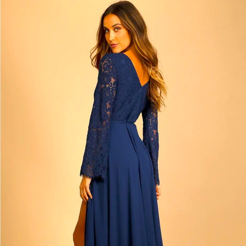 Utterly In Love Navy Blue Lace Long Sleeve Wrap Dress